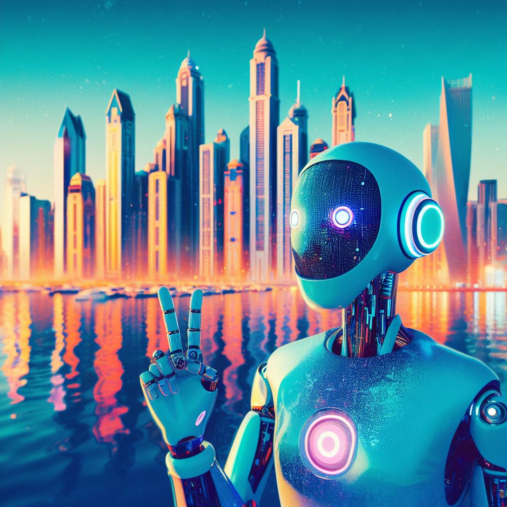A robot showing a peace sign in front of the dubai marina skyline