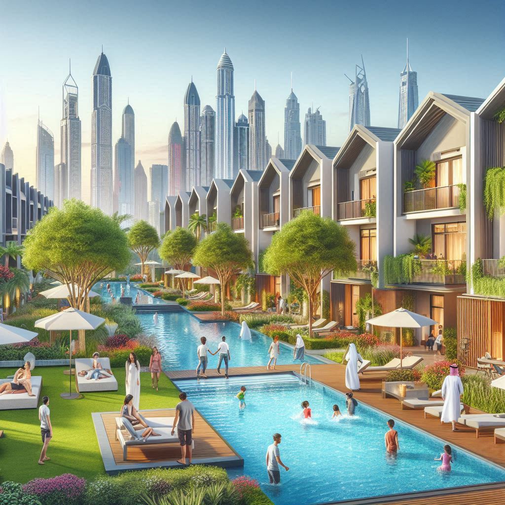 A community amenities in a Dubai townhouse complex, featuring a swimming pool, children's playground, and landscaped gardens with residents enjoying the facilities.