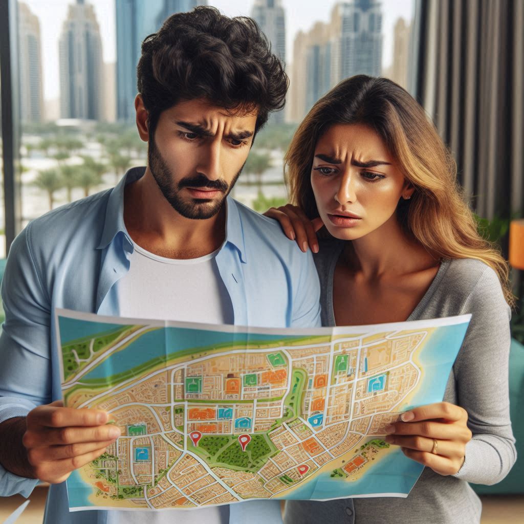 A couple looking confused while examining a property map of Dubai, with highlighted areas showing different villa locations.
