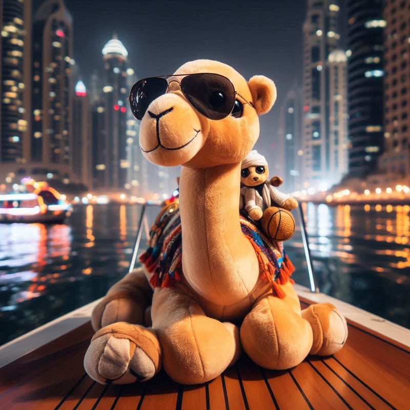 A camel riding down the Dubai Marina at night showing off the amazing skyline behind him