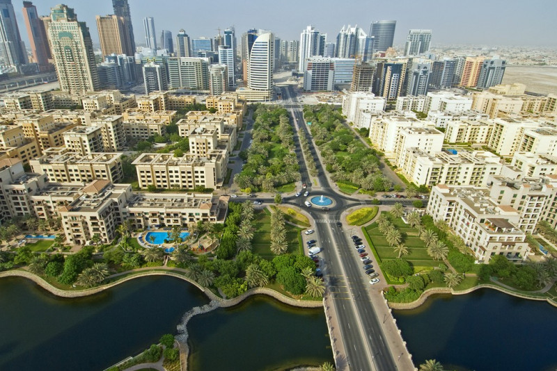 An aerial view of the Greens buildings, the lake and with Barsha in the backgrond