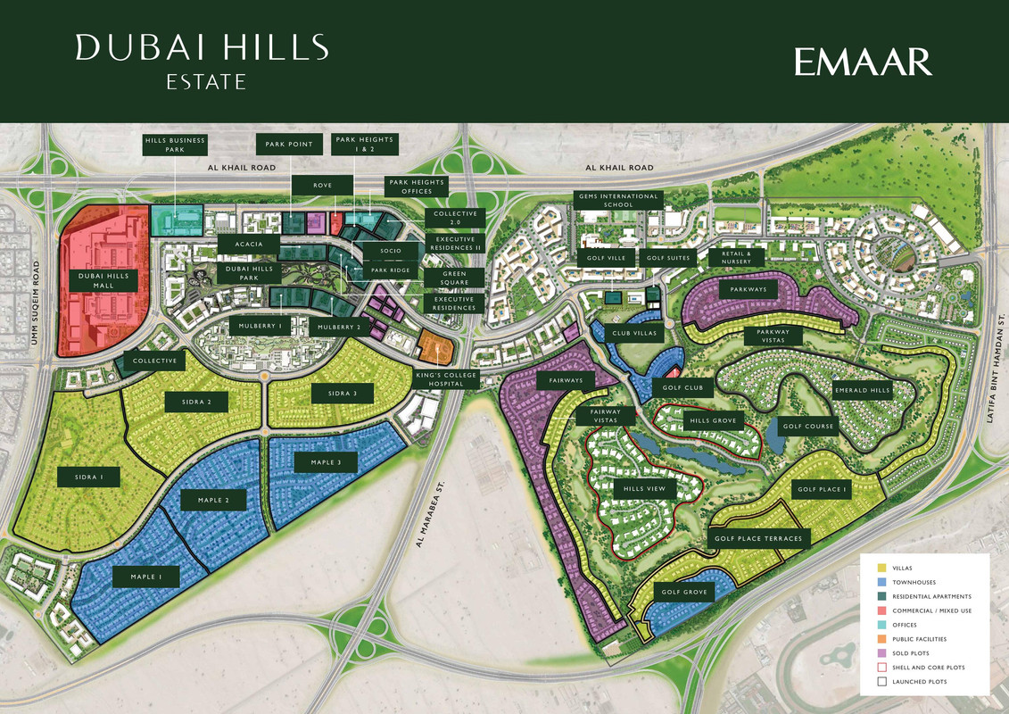 A master plan showing all the areas within Dubai Hills