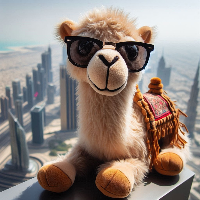 Image of a stuffed camel with the skyline of Dubai in the background