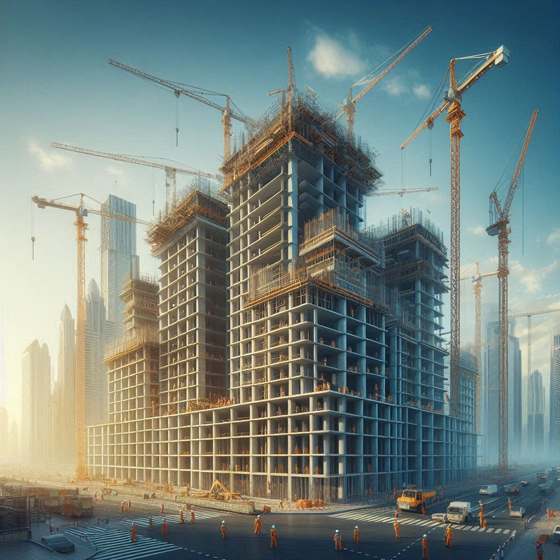 Building under construction in Dubai with cranes