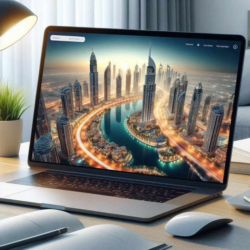 An image of a laptop with a picture of Downtown Dubai (AI generated)
