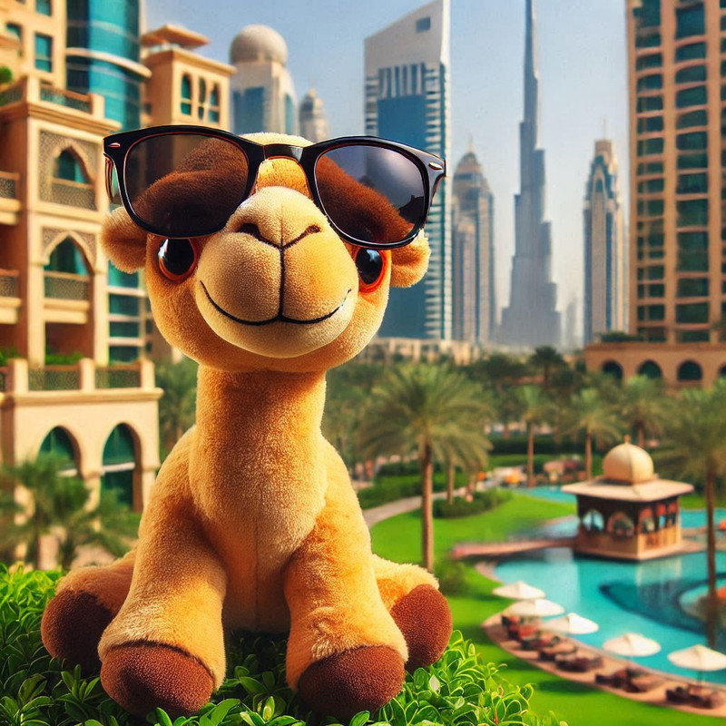 A smiling stuffed toy camel in Dubai