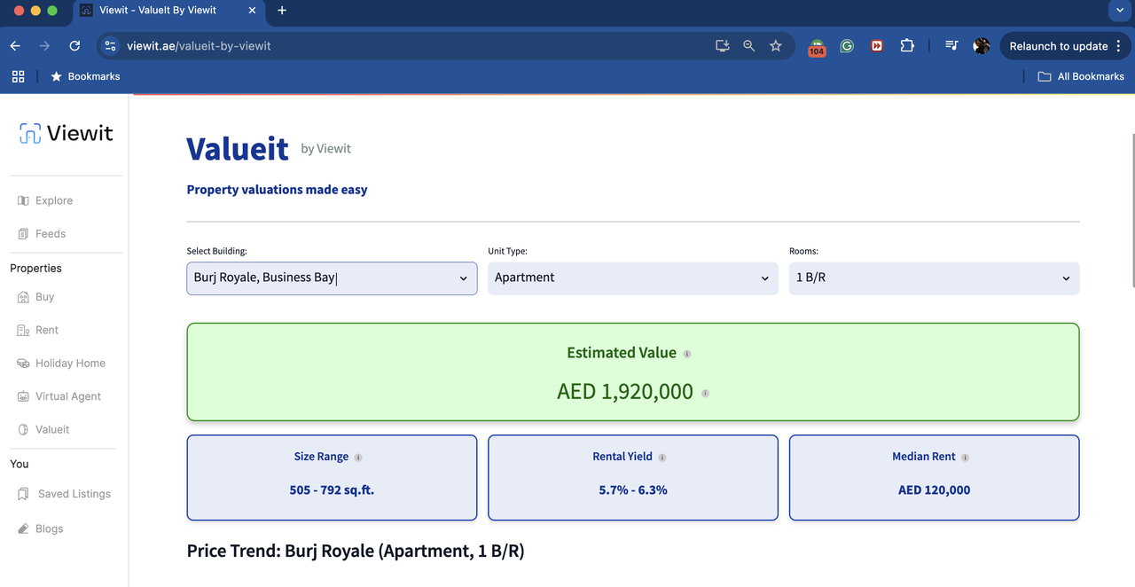 A screenshot of a property valuation for Burj Royale in Business Bay on Valueit by Viewit