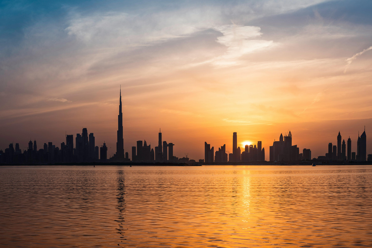 An image of the Dubai Skyline at Sunset