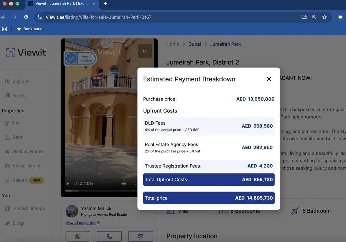 A screenshot of closing costs for a property from the Viewit.ae property platform