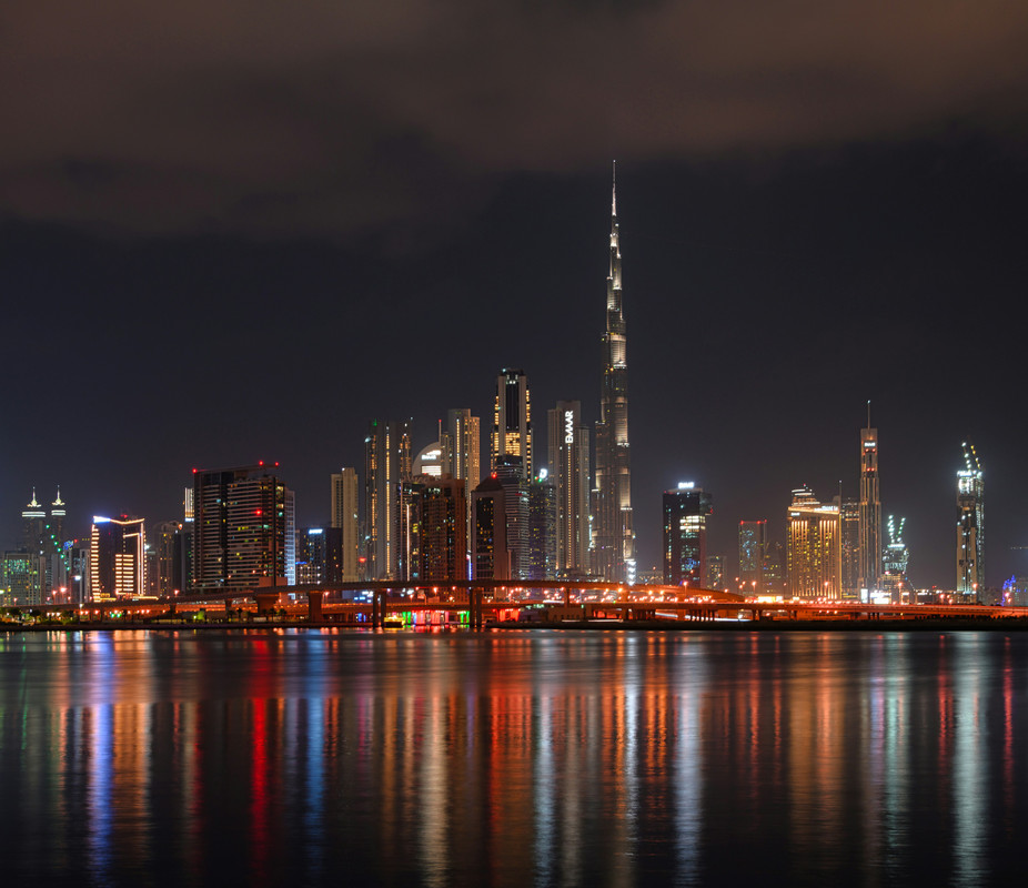 The Downtown Dubai skyline at night