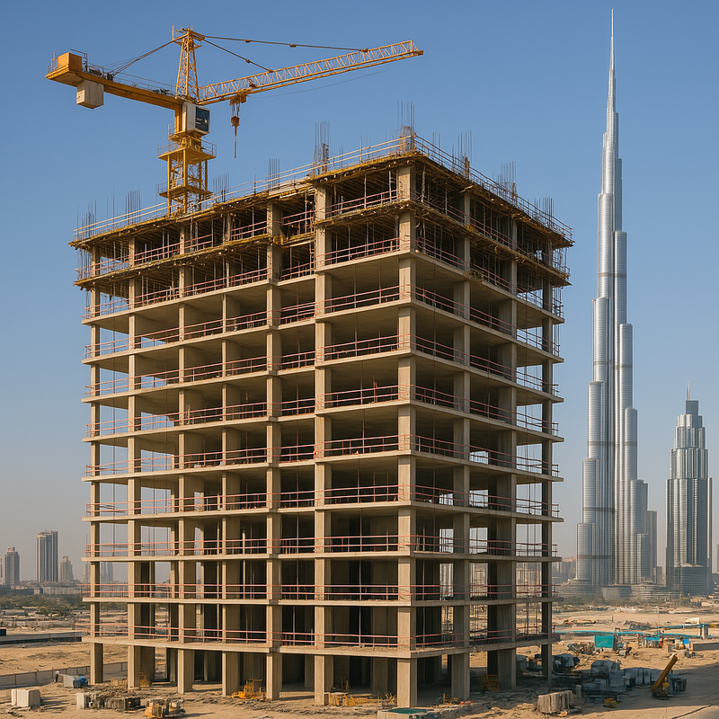 Off plan building stucture with Burj Khalifa in the background