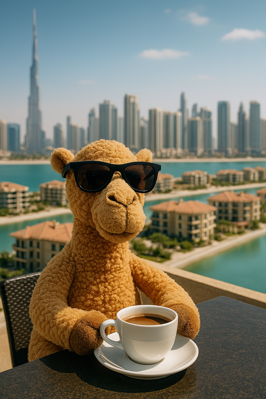 A stuffed camel having coffee with the palm and dubai marina behind him