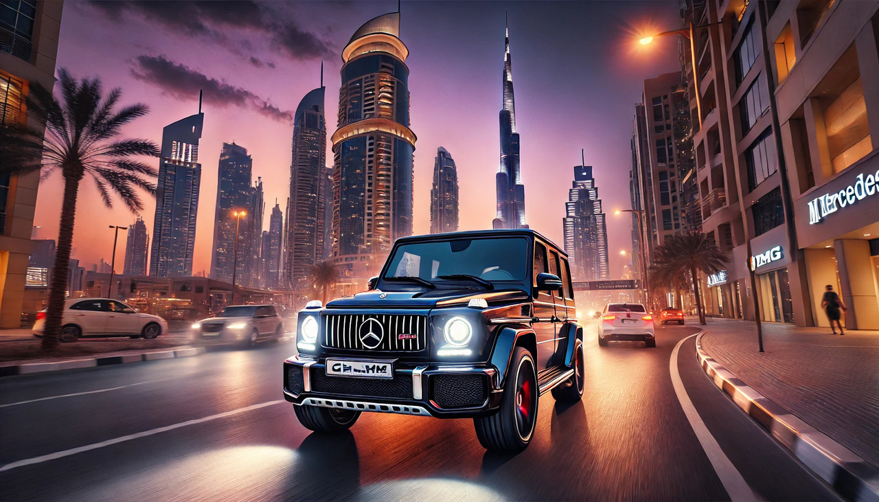 An image of a G55 on Dubais roads at dusk