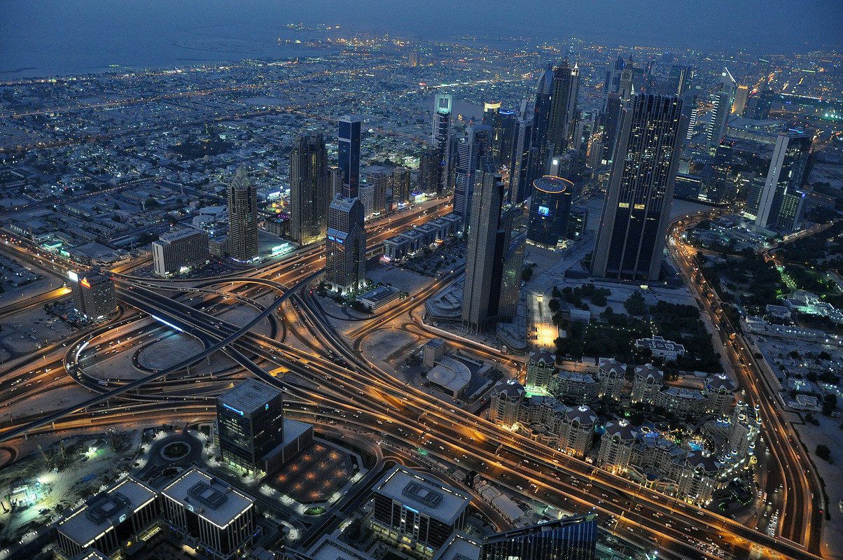 Sheikh Zayed road aerial view at night