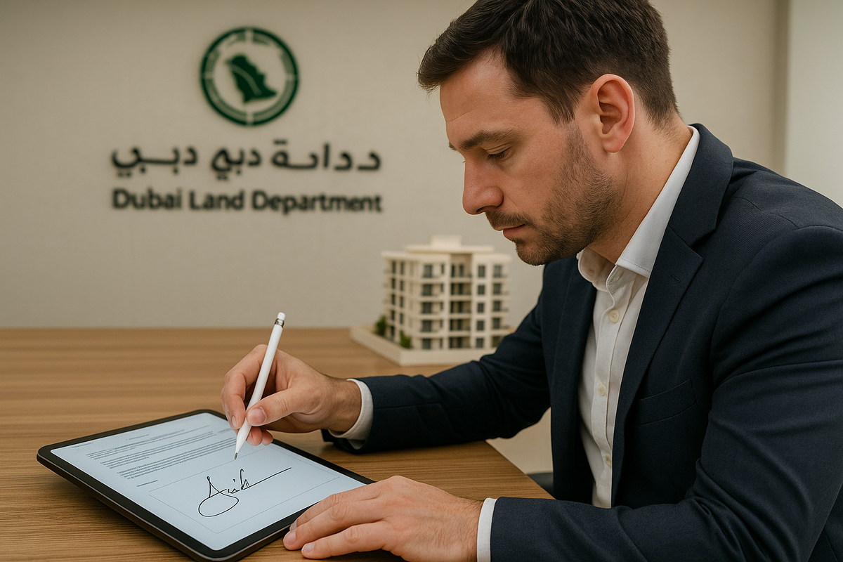 A buyer signing a contract F at the Dubai Land Department 