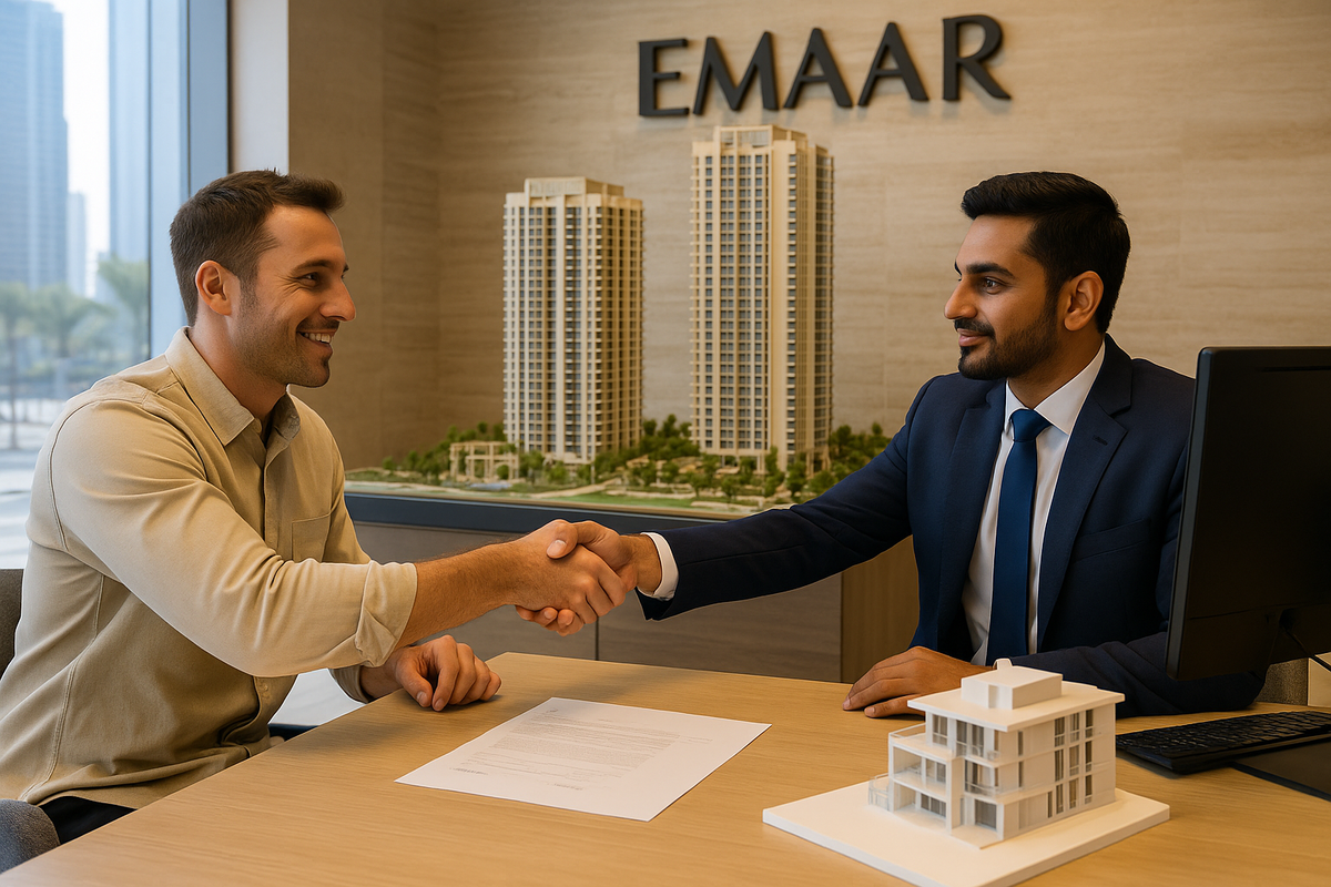 A buyer taking handover of a property at the Emaar sales office