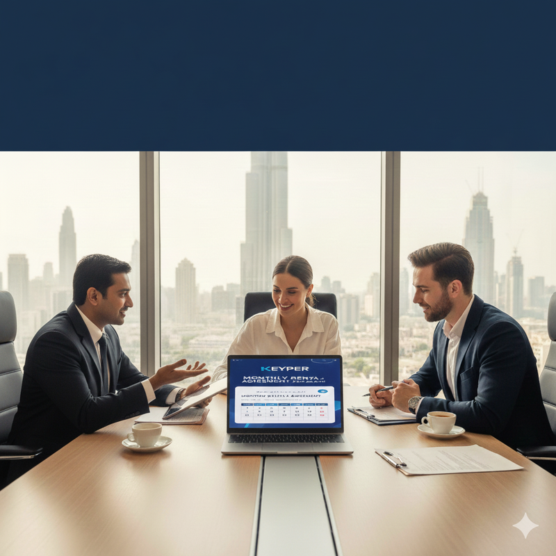 A landlord, agent and tenant agreeing to a tenancy contract using Keyper for monthly installments