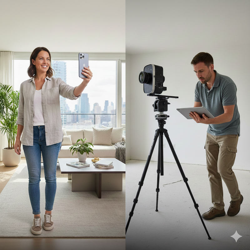 An image of an agent posting a video tour and a struggling agent trying to figure out a matter port camera