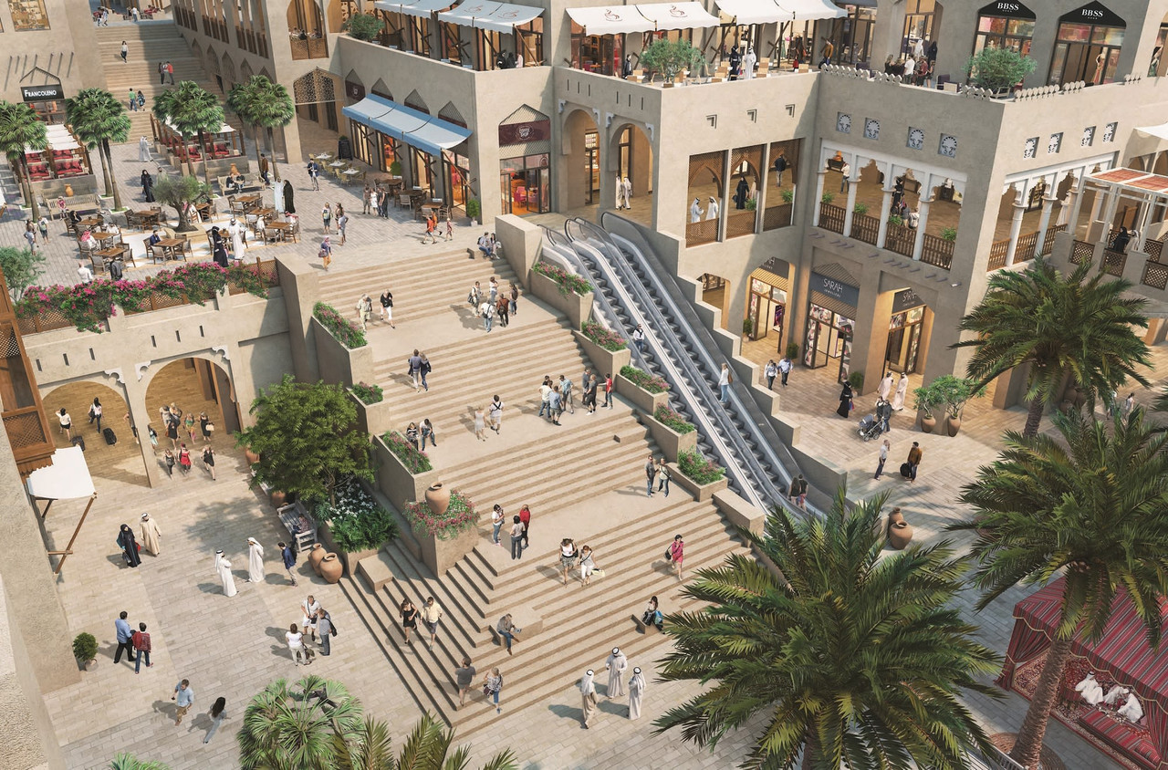 Dubai Square Mall showing a large staircase and old souq style shops