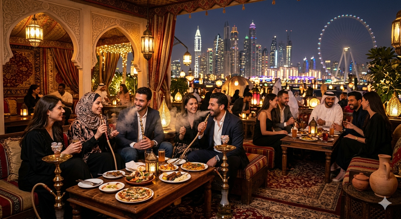 A bunch of people smoking shisha and enjoying a night out in dubai